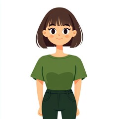 Canvas Print - A cheerful cartoon of a young Asian woman in a green tee, her short hair swept right, radiating joy and warmth.