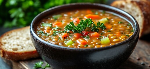 Lentil soup with carrots, celery, and parsley in a brown bowl with bread on a wooden table.