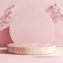 Wooden podium, Cosmetic display product stand on pink background. 3D rendering