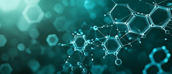 Poster - Molecular structure visualization in a turquoise blue background with interconnected atomic elements and hexagonal shapes