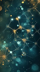 Poster - Abstract representation of molecular structures with glowing particles in deep blue and gold tones