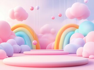 Sticker - Pastel Rainbow Dreamland with Hanging Globes and Clouds.