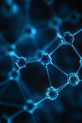 Poster - Close-up of interconnected blue molecular structures on a dark background illustrating advanced scientific concepts