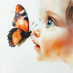 Sticker - Watercolor Painting of a Baby Gazing at a Butterfly.