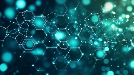 Poster - A vibrant digital illustration of interconnected hexagonal molecules under blue and green lights, representing scientific innovation and technology