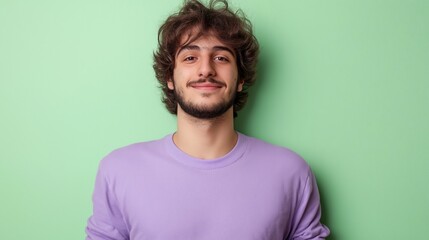 Poster - A man with a beard and a purple shirt is smiling at the camera