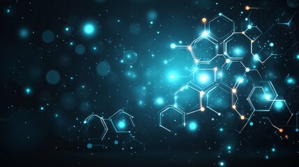 Poster - Abstract blue digital background featuring glowing hexagonal shapes and sparkling particles during a scientific or technological presentation