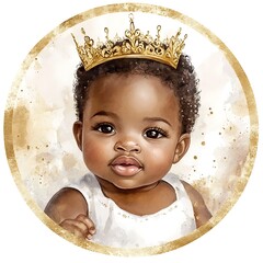 Sticker - Watercolor Portrait of a Black Baby Girl Wearing a Crown.