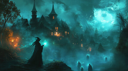 A witch standing at the edge of a haunted village, casting a protective spell as ghostly figures approach.