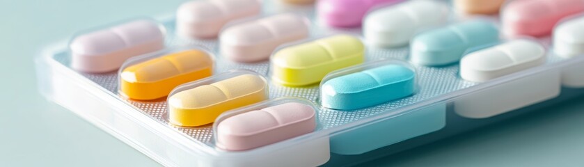 vibrant assortment of colorful capsules arranged in a blister pack, showcasing various shapes and si