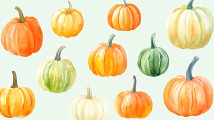 Collection Watercolor of Pumpkins vector set ,Watercolor hand-drawn illustration,design great for cards, banners, headers, party posters or decorate your artwork,painted ilustration.