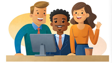 Business team at the desktop. Happy colleagues of company working together, discussing the project. Portrait of office workers. Teamwork, professionalism, success. Flat style illustration design.