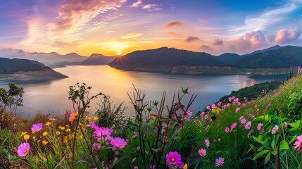 Wall Mural - Sunrise_Flowers_Mountain_landscape_river_Colourb