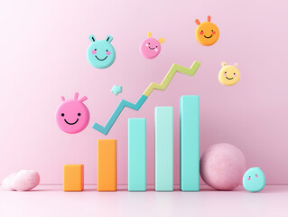 Canvas Print - Colorful 3D Emojis and Bar Graph with a Pink Background.