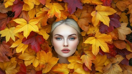 Wall Mural - a woman is in a pile of leaves. the leaves are orange and yellow. the woman is wearing a blonde wig