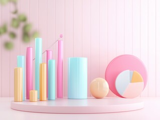 Wall Mural - Pastel Geometric Shapes on Pink Background.