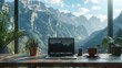 © Anastasiia - Serene Mountain View Home Office Setup with Laptop and Coffee
