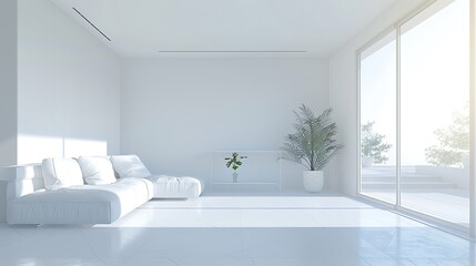 White living room in modern design with minimal furniture and clear space on an empty bright background, rendered in realistic 3D