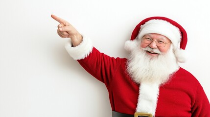 A smiling Santa pointing to the sky. Concept of joy and excitement, as the Santa is dressed in red and white and he is pointing to something important