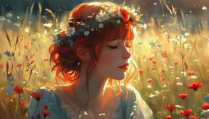 Wall Mural - Serene girl with red hair in a floral crown amidst vibrant wildflowers, basking in sunlight, embodying natural beauty and tranquility