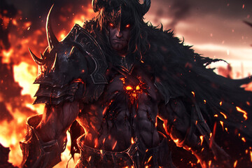  fiery demon in thick dark armor with glowing chest, standing amidst blazing inferno and destruction