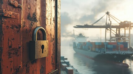 Rusty padlock on an old shipping container in a port representing security and restricted access in cargo transportation