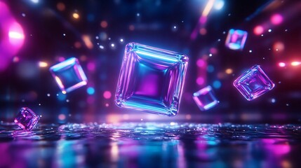 Poster - Vibrant, colorful crystals float in a dynamic, illuminated space. Perfect for futuristic themes and artistic designs.
