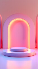 Pink and white neon arches, circular podium with glowing lights. Suitable for event promotions, nightclub advertisements, or futuristic designs.