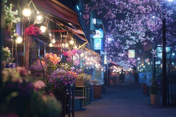 A Charming Flower Festival With Flower Arrangements, Lively Market Stalls, And Soft, Warm Lighting Enhancing The Cozy Vibe, Generative AI