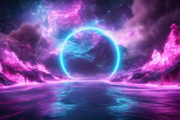 Wall Mural - A mystical cosmic landscape featuring vibrant colors, glowing portal, and serene ocean, evoking a sense of wonder and exploration.