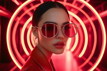 A woman wearing sunglasses and red lipstick stands in front of a neon light. The image has a bold and vibrant feel, with the red lighting and the woman's striking appearance