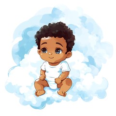 Canvas Print - Cute Cartoon Baby Boy Sitting on a Cloud.