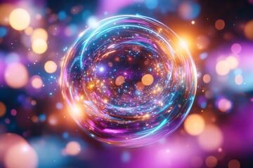 Poster - A vibrant bubble surrounded by colorful lights, creating a dreamy and mystical atmosphere, perfect for abstract and digital art.