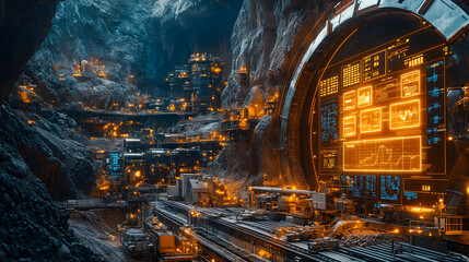 Poster - an underground mining facility with advanced technology, illuminated displays, and machinery in a ca