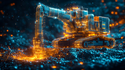 Poster - futuristic excavator in digital form, showcasing vibrant neon lights and advanced technology element