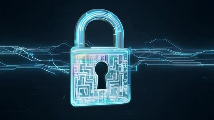 Fototapete - In a virtual space, a translucent padlock is depicted, showcasing intricate circuitry patterns. It stands out against a backdrop of flowing data lines, representing digital security.