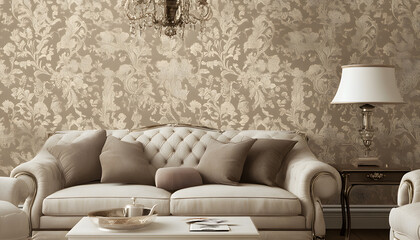 Wall Mural - A sepia-toned wallpaper featuring antique floral patterns and ornate frames, offering a nostalgic charm