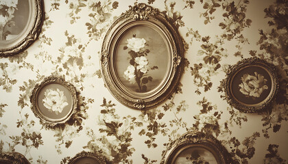 Wall Mural - A sepia-toned wallpaper featuring antique floral patterns and ornate frames, offering a nostalgic charm