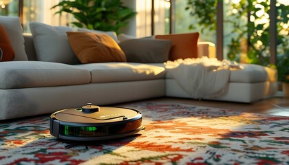 Canvas Print - Robotic vacuum cleaner navigating a patterned rug in a spacious living room adorned with a sofa and greenery, illuminated by soft evening sunlight.