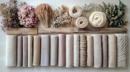 A collection of fabrics and dried flowers arranged aesthetically.