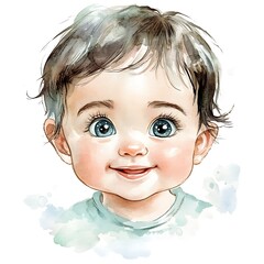 Canvas Print - Watercolor Portrait of a Smiling Baby with Blue Eyes.