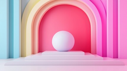 Poster - A colorful archway with a white egg in the middle. The egg is surrounded by pink and blue walls. The scene is bright and cheerful, with a sense of whimsy and playfulness