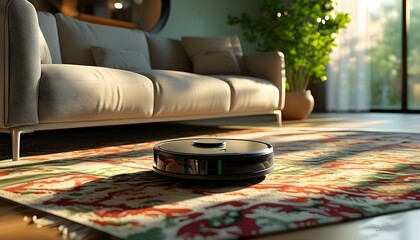 Wall Mural - Robotic vacuum cleaner navigating a patterned rug in a spacious living room adorned with a sofa and greenery, illuminated by soft evening sunlight.