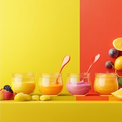 Wall Mural - Colorful jars filled with delicious fruit purées showcase a vibrant palette. Bright yellows and reds create a cheerful atmosphere. Perfect for food blogs and marketing materials. AI