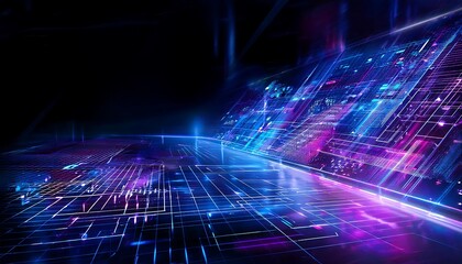 Poster - Abstract Digital Grid with Neon Blue and Purple Lighting