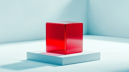 Poster - A red cube is sitting on a white surface. The cube is made of glass and is placed on a white platform. The cube is the only object in the image, and it is the main focus of the scene