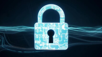 Poster - A digital padlock appears prominently against a dark backdrop, with flowing lines of binary data. This represents the importance of cybersecurity and secure data management.
