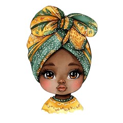 Sticker - Watercolor Illustration of a Cute Black Girl with a Green and Yellow Headscarf.