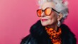 © twilight mist - Portrait of an Elderly Woman with Grey Hair, Orange Sunglasses, and a Fur Collar