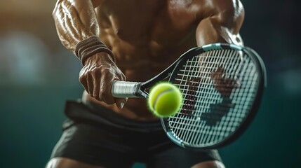 Close-up of muscular arms holding a tennis racket and hitting the ball. Banner championship tennis 